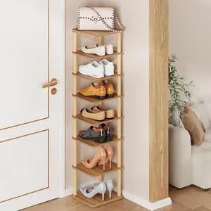 8 Tiers Vertical Shoe Rack, Tall Narrow Shoe Tower Corner Shoe Rack, Walnut 8 Tiers Vertical Shoe Rack, Tall Narrow Shoe Tower Corner Shoe Rack, Walnut