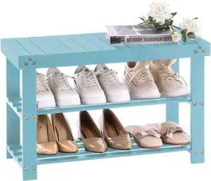 Apicizon Bamboo Shoe Rack for Entryway, 3-Tier Shoe Rack Bench for Front Indoor Entrance, Small Shoe Organizer with Storage, Blue Apicizon Bamboo Shoe Rack for Entryway, 3-Tier Shoe Rack Bench for Front Indoor Entrance, Small Shoe Organizer with Storage, Blue