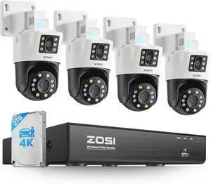 ZOSI 4K Dual-Lens PoE Security Camera System, 4 x 4K 8MP Pan/Tilt (2x4MP) PoE 360 Camera Outdoor, Person/Vehicle Detect, Spotlight Siren, Color Night Vision, 8CH 8MP NVR with 2TB HDD (16CH Expandable) ZOSI 4K Dual-Lens PoE Security Camera System, 4 x 4K 8MP Pan/Tilt (2x4MP) PoE 360 Camera Outdoor, Person/Vehicle Detect, Spotlight Siren, Color Night Vision, 8CH 8MP NVR with 2TB HDD (16CH Expandable)