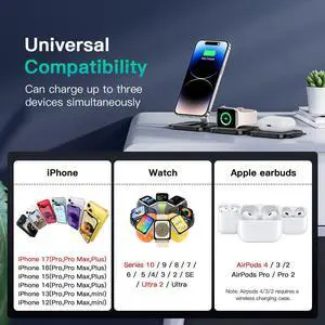 3 in 1 Charging Station for Apple Devices, Foldable Wireless Charging Station for iPhone 17/16/15/14/13/12, Apple Watch & AirPods with Magsafe Charger Stand, Travel Essentials Wireless Charger (Black) 3 in 1 Charging Station for Apple Devices, Foldable Wireless Charging Station for iPhone 17/16/15/14/13/12, Apple Watch & AirPods with Magsafe Charger Stand, Travel Essentials Wireless Charger (Black)