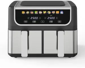 Dual Air Fryer with 2 Baskets 9.5 QT, 10 in 1 Large Air Fryers with Ceramic Crisper Plate, Match Cook, Sync Finish, Shake Reminder, 80-450°F Wide Temp, Roast, Defrost, Dehydrate, Bake, Black Dual Air Fryer with 2 Baskets 9.5 QT, 10 in 1 Large Air Fryers with Ceramic Crisper Plate, Match Cook, Sync Finish, Shake Reminder, 80-450°F Wide Temp, Roast, Defrost, Dehydrate, Bake, Black