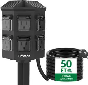 Outdoor Power Strip Weatherproof, 50 FT Extension Cord with Power Stake, 6 Grounded Outlets for Outdoor Lights, 15A/1875W, ETL Listed Outdoor Power Strip Weatherproof, 50 FT Extension Cord with Power Stake, 6 Grounded Outlets for Outdoor Lights, 15A/1875W, ETL Listed