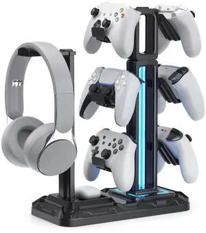RGB Multi-Controller Holder with 9 Light Modes - Rotatable Universal Headphone Hanger - Controller Stand with 6 Detachable Hooks for Desktop Gamer Accessories RGB Multi-Controller Holder with 9 Light Modes - Rotatable Universal Headphone Hanger - Controller Stand with 6 Detachable Hooks for Desktop Gamer Accessories