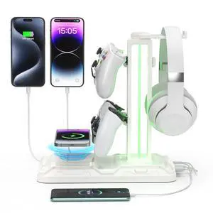 RGB Headphone & Controller Stand with Wireless Charging - Rotatable Headset Stand with 9 Light Modes - Controller Holder with 2 USB and Type C Ports - for Gamers Desktop Accessories(White) RGB Headphone & Controller Stand with Wireless Charging - Rotatable Headset Stand with 9 Light Modes - Controller Holder with 2 USB and Type C Ports - for Gamers Desktop Accessories(White)