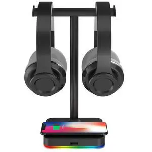 RGB Dual Headphone Stand with Wireless Charger Desk Gaming Double Headset Holder Hanger Rack with 10W/7.5W QI Charging Pad and QC 3.0 USB Port - Suitable for Gamer Desktop Table Game Earphone RGB Dual Headphone Stand with Wireless Charger Desk Gaming Double Headset Holder Hanger Rack with 10W/7.5W QI Charging Pad and QC 3.0 USB Port - Suitable for Gamer Desktop Table Game Earphone