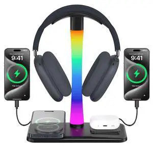 Headphone Stand with Wireless Charger,Gaming Headset stand with RGB Light Mode,For Airpod Max Stand Compatible with Airpod Pro/3/2,For iPhone 17/16/15/14/13/12/11,Gifts for Gamers & Music Lover(Black) Headphone Stand with Wireless Charger,Gaming Headset stand with RGB Light Mode,For Airpod Max Stand Compatible with Airpod Pro/3/2,For iPhone 17/16/15/14/13/12/11,Gifts for Gamers & Music Lover(Black)