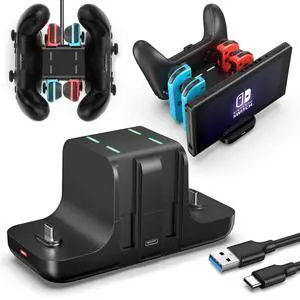 Upgraded Controller Charger Dock Station for Nintendo Switch Pro Controller and Joy con, 6-in-1 Charging Stand for Switch & OLED Model & Lite with Charging Indicator and Type C Charging Cable Upgraded Controller Charger Dock Station for Nintendo Switch Pro Controller and Joy con, 6-in-1 Charging Stand for Switch & OLED Model & Lite with Charging Indicator and Type C Charging Cable