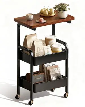 3 Tier Metal Rolling Utility Cart Organizer with Walnut Table Top, Stable and Sturdy Rolling Storage Carts with 2 Lockable Wheels for KitchenBathroomSnacksCoffeeCraftMakeupBaby Essentials 3 Tier Metal Rolling Utility Cart Organizer with Walnut Table Top, Stable and Sturdy Rolling Storage Carts with 2 Lockable Wheels for KitchenBathroomSnacksCoffeeCraftMakeupBaby Essentials
