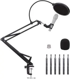 Adjustable Microphone Boom Arm Stand, 14 inch, Supports Standard Microphones, Adjustable Tension, Includes Pop Filter & Windscreen, Desk Clamp Mount, Black Adjustable Microphone Boom Arm Stand, 14 inch, Supports Standard Microphones, Adjustable Tension, Includes Pop Filter & Windscreen, Desk Clamp Mount, Black