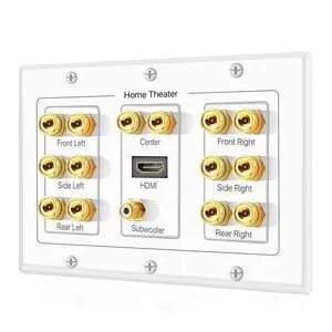 TNP 7.1 Home Theater Speaker Wall Plate, HDMI, Subwoofer, 3-Gang, White | White 3-Gang Variation: Speaker Outlet for 7 Speakers, 1 Rca Subwoofer and 1 Hdmi Device; Accepts Banana Plugs or Bare Wire TNP 7.1 Home Theater Speaker Wall Plate, HDMI, Subwoofer, 3-Gang, White | White 3-Gang Variation: Speaker Outlet for 7 Speakers, 1 Rca Subwoofer and 1 Hdmi Device; Accepts Banana Plugs or Bare Wire