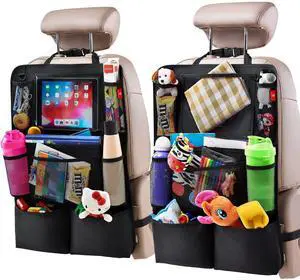 Backseat Car Organizer, Kick Mats Back Seat Protector with Touch Screen Tablet Holder, Back Seat Organizer for Kids, Travel Accessories with 9 Storage Pockets 2 Pack, Black Backseat Car Organizer, Kick Mats Back Seat Protector with Touch Screen Tablet Holder, Back Seat Organizer for Kids, Travel Accessories with 9 Storage Pockets 2 Pack, Black