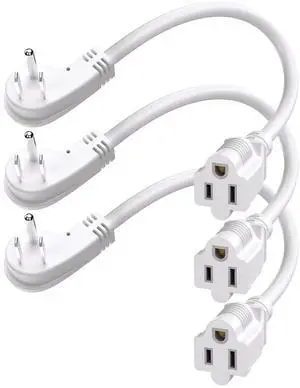 1Ft Flat Plug Short Extension Cord, 90 Degree Plug Adapter, White Low Profile 3 Prong Small Grounded Cords 14 AWG 15A 1875W 3 Pack 1Ft Flat Plug Short Extension Cord, 90 Degree Plug Adapter, White Low Profile 3 Prong Small Grounded Cords 14 AWG 15A 1875W 3 Pack