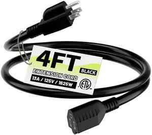 16/3 Black Indoor Outdoor Extension Cord 4 Ft Waterproof, Extension Cord with 3 Prong Grounded Plug,13A 1625W 16AWG SJTW, Flexible Weatherproof Power Cable 16/3 Black Indoor Outdoor Extension Cord 4 Ft Waterproof, Extension Cord with 3 Prong Grounded Plug,13A 1625W 16AWG SJTW, Flexible Weatherproof Power Cable