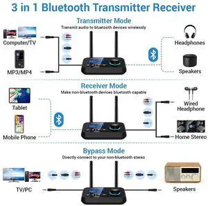 Bluetooth 5.3 Transmitter for TV Audio w. Screen Display Dual Antenna Low Latency Bluetooth Adapter Support Up to 2 BT Headphones Long Range Bluetooth Extender 3.5mm AUX/RCA/Opt Input/Output Bluetooth 5.3 Transmitter for TV Audio w. Screen Display Dual Antenna Low Latency Bluetooth Adapter Support Up to 2 BT Headphones Long Range Bluetooth Extender 3.5mm AUX/RCA/Opt Input/Output