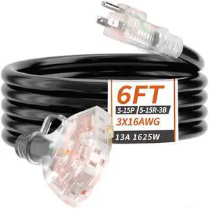 6 FT 16/3 Gauge Outdoor Extension Cord with Multiple Outlets Light Indicator, Flexible 3 Outlet Weatherproof Extension Cord Waterproof Black, 13A 1625W 16AWG SJTW, ETL Listed 6 FT 16/3 Gauge Outdoor Extension Cord with Multiple Outlets Light Indicator, Flexible 3 Outlet Weatherproof Extension Cord Waterproof Black, 13A 1625W 16AWG SJTW, ETL Listed
