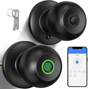 Fingerprint Door Knob with Lock, Smart Lock for Bedroom Door, Biometric Door Lock with App Control & Key, Thumbprint Keyless Entry Door Lock for Front Door, Home, Apartment, Office, Matte Black Fingerprint Door Knob with Lock, Smart Lock for Bedroom Door, Biometric Door Lock with App Control & Key, Thumbprint Keyless Entry Door Lock for Front Door, Home, Apartment, Office, Matte Black