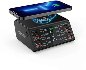 USB Charger, 100W 8 Port Multiple USB Charging Station with 4 Quick Charge 3.0, 4 USB C PD Port, Wireless Charger, LCD Display Fast Charging Hub for iPhone 13 12 iPad Samsung and More USB Charger, 100W 8 Port Multiple USB Charging Station with 4 Quick Charge 3.0, 4 USB C PD Port, Wireless Charger, LCD Display Fast Charging Hub for iPhone 13 12 iPad Samsung and More