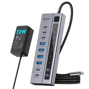 Powered USB C Hub 9-in-1 10Gbps 45W Charging 72W Adapter Laptop Powered USB C Hub 9-in-1 10Gbps 45W Charging 72W Adapter Laptop