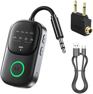 Bluetooth 5.4 Transmitter Receiver, 2-in-1 Wireless Audio Adapter for Airplane, TV, Car & Home Stereo, Connect 2 AirPods or Headphones, 3.5mm AUX Bluetooth Adapter with LED Display & Mic Bluetooth 5.4 Transmitter Receiver, 2-in-1 Wireless Audio Adapter for Airplane, TV, Car & Home Stereo, Connect 2 AirPods or Headphones, 3.5mm AUX Bluetooth Adapter with LED Display & Mic