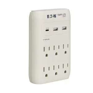 Eaton SK60C Wall Surge Protector Power Strip & USB Wall Charger, 6-Outlet Extender, 1 USB-C + 2 USB Ports, 1080 Joules, Multi-Plug Outlet Splitter, Gray, Manufacturer's Eaton SK60C Wall Surge Protector Power Strip & USB Wall Charger, 6-Outlet Extender, 1 USB-C + 2 USB Ports, 1080 Joules, Multi-Plug Outlet Splitter, Gray, Manufacturer's