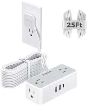 Flat Plug Extension Cord 25 FT, Surge Protector Power Strip with 4 AC Outlets 1 USB C and 2 USB A Ports, 900 Joules Protection, Multiple Wall Outlet Extender Suitable for Office Dorm, Grey Flat Plug Extension Cord 25 FT, Surge Protector Power Strip with 4 AC Outlets 1 USB C and 2 USB A Ports, 900 Joules Protection, Multiple Wall Outlet Extender Suitable for Office Dorm, Grey