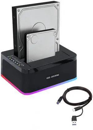 Dual-Bay RGB Hard Drive Docking Station with Offline Clone Function, 2x20TB USB 3.0 SATA HDD/SSD Duplicator Dock, UASP & Trim Support, Plug & Play for 2.5/3.5 Inch HDD/SSD, Includes USB-A to C Cable Dual-Bay RGB Hard Drive Docking Station with Offline Clone Function, 2x20TB USB 3.0 SATA HDD/SSD Duplicator Dock, UASP & Trim Support, Plug & Play for 2.5/3.5 Inch HDD/SSD, Includes USB-A to C Cable