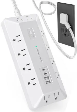 12 Outlets + 4 USB (16-in-1) Surge Protector Power Strip with 2 USB C, T-Shaped Desktop Charging Station with Phone Stand, Flat Plug 6FT Extension Cord, 1800J for Home Office Gaming Dorm 12 Outlets + 4 USB (16-in-1) Surge Protector Power Strip with 2 USB C, T-Shaped Desktop Charging Station with Phone Stand, Flat Plug 6FT Extension Cord, 1800J for Home Office Gaming Dorm