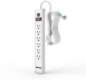 Power Strip Surge Protector, 6 Outlets with 2 USB Ports, 6 Feet Extension Cord, 600 Joules, Wall Mountable for Home, Office and Dorm, 15A/1875W, ETL Listed (20, Feet) Power Strip Surge Protector, 6 Outlets with 2 USB Ports, 6 Feet Extension Cord, 600 Joules, Wall Mountable for Home, Office and Dorm, 15A/1875W, ETL Listed (20, Feet)