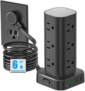 Tower Power Strip with Surge Protector - 12 AC Outlets & 4 USB Ports (2 USB-C), 6FT Extension Cord, Charging Station Tower for Home Office Dorm Travel (Black) Tower Power Strip with Surge Protector - 12 AC Outlets & 4 USB Ports (2 USB-C), 6FT Extension Cord, Charging Station Tower for Home Office Dorm Travel (Black)