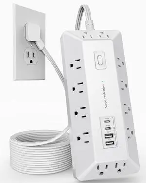 16 in 1 Surge Protector Power Strip with 4 USB (2 USB C) and 12 AC Outlets Extender, 6 Ft Flat Plug Extension Cord, Cable Management Outlets for Home Office and Dorm Rooms (White) 16 in 1 Surge Protector Power Strip with 4 USB (2 USB C) and 12 AC Outlets Extender, 6 Ft Flat Plug Extension Cord, Cable Management Outlets for Home Office and Dorm Rooms (White)