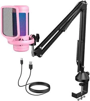 Gaming Microphone Arm Set, RGB Condenser Mic with Boom Arm, Quick Mute, Adjustable RGB Brightness, Pop Filter, Shock Mount, Gain Control for Streaming, Discord Twitch YouTube,TC310+ Pink Gaming Microphone Arm Set, RGB Condenser Mic with Boom Arm, Quick Mute, Adjustable RGB Brightness, Pop Filter, Shock Mount, Gain Control for Streaming, Discord Twitch YouTube,TC310+ Pink