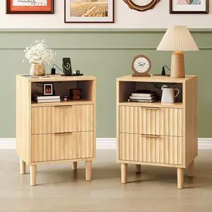 Fluted Nightstands Set of 2 with Charging Station, Wood Nightstand 2 Drawer, Mid Century Modern Nightstands for Bedroom, Fluted Bed Side Table, Oak Night Stands Set 2 Fluted Nightstands Set of 2 with Charging Station, Wood Nightstand 2 Drawer, Mid Century Modern Nightstands for Bedroom, Fluted Bed Side Table, Oak Night Stands Set 2