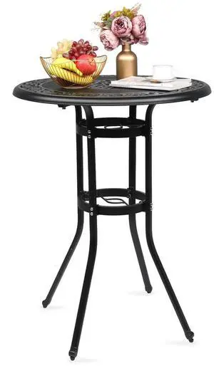 Cast Aluminum Bar Height Patio Table with Umbrella Hole - Tall Outdoor Bistro Table, 32" Dia x 41" H (Black) Cast Aluminum Bar Height Patio Table with Umbrella Hole - Tall Outdoor Bistro Table, 32" Dia x 41" H (Black)