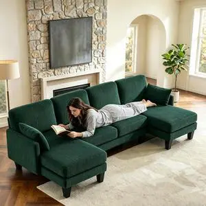 108" W U-Shaped Sectional Couches for Living Room, Sturdy Wooden Armrest Corduroy Cloud Couch with Double Chaise, High Support Modern 4-Seat Sectional Sofa for Apartment, Offices, Dark Green 108" W U-Shaped Sectional Couches for Living Room, Sturdy Wooden Armrest Corduroy Cloud Couch with Double Chaise, High Support Modern 4-Seat Sectional Sofa for Apartment, Offices, Dark Green