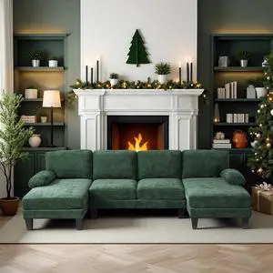 110" Sectional Couches for Living Room,U Shaped Couch with Double Chaise, 4-Seat Sofa Set with Chenille Fabric for Home Furniture,Forest Green 110" Sectional Couches for Living Room,U Shaped Couch with Double Chaise, 4-Seat Sofa Set with Chenille Fabric for Home Furniture,Forest Green