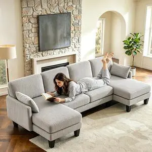 108" W U-Shaped Sectional Couches for Living Room, Sturdy Wooden Armrest Corduroy Cloud Couch with Double Chaise, High Support Modern 4-Seat Sectional Sofa for Apartment, Offices, Light Grey 108" W U-Shaped Sectional Couches for Living Room, Sturdy Wooden Armrest Corduroy Cloud Couch with Double Chaise, High Support Modern 4-Seat Sectional Sofa for Apartment, Offices, Light Grey