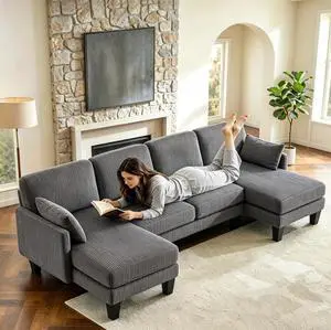 108" W U-Shaped Sectional Couches for Living Room, Sturdy Wooden Armrest Corduroy Cloud Couch with Double Chaise, High Support Modern 4-Seat Sectional Sofa for Apartment, Offices, Dark Grey 108" W U-Shaped Sectional Couches for Living Room, Sturdy Wooden Armrest Corduroy Cloud Couch with Double Chaise, High Support Modern 4-Seat Sectional Sofa for Apartment, Offices, Dark Grey