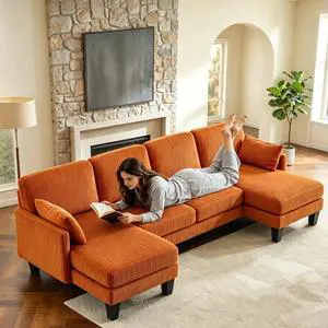 108" W U-Shaped Sectional Couches for Living Room, Sturdy Wooden Armrest Corduroy Cloud Couch with Double Chaise, High Support Modern 4-Seat Sectional Sofa for Apartment, Offices, Orange 108" W U-Shaped Sectional Couches for Living Room, Sturdy Wooden Armrest Corduroy Cloud Couch with Double Chaise, High Support Modern 4-Seat Sectional Sofa for Apartment, Offices, Orange