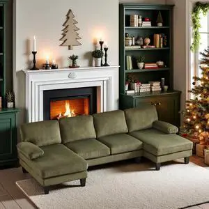 110" Sectional Couches for Living Room,U Shaped Couch with Double Chaise, 4-Seat Sofa Set with Corduroy Fabric for Home Furniture,Green 110" Sectional Couches for Living Room,U Shaped Couch with Double Chaise, 4-Seat Sofa Set with Corduroy Fabric for Home Furniture,Green