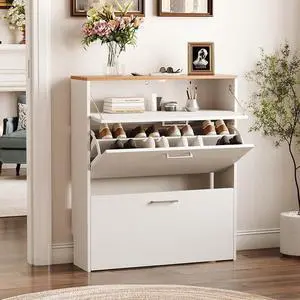 Shoe Cabinet for Entryway, Slim Shoe Rack Storage Organizer with 3 Flip Drawers, Modern White Hidden Shoe Shelf with Oak Top, Narrow Free Standing Sneaker Cabinet for Hallway, 9.5" Depth Shoe Cabinet for Entryway, Slim Shoe Rack Storage Organizer with 3 Flip Drawers, Modern White Hidden Shoe Shelf with Oak Top, Narrow Free Standing Sneaker Cabinet for Hallway, 9.5" Depth