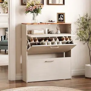 Shoe Cabinet for Entryway, Farmhouse Slim Shoe Rack Storage with 3 Flip Drawers, Rustic Brown Top & Washed White Body, Narrow Hidden Shoe Organizer for Hallway, 9.5" Depth Shoe Cabinet for Entryway, Farmhouse Slim Shoe Rack Storage with 3 Flip Drawers, Rustic Brown Top & Washed White Body, Narrow Hidden Shoe Organizer for Hallway, 9.5" Depth