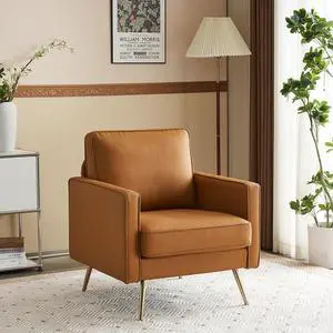 PU Leather Accent Chair Brown Mid Century Modern Upholstered Sofa Chairs with Arms, Gold Legs for Living Room, Bedroom, Apartment PU Leather Accent Chair Brown Mid Century Modern Upholstered Sofa Chairs with Arms, Gold Legs for Living Room, Bedroom, Apartment