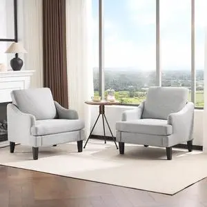 Linen Fabric Accent Chairs Set of 2, Grey Modern Upholstered Armchair, Comfy Sofa Chair Living Room Bedroom Furniture for Apartment Linen Fabric Accent Chairs Set of 2, Grey Modern Upholstered Armchair, Comfy Sofa Chair Living Room Bedroom Furniture for Apartment