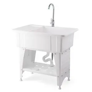 20-Gallon Utility Sink Laundry Tub for Washing Room, Freestanding Utility Sink with Stainless Steel Faucet, 22"D x 32"W x 36"H White 20-Gallon Utility Sink Laundry Tub for Washing Room, Freestanding Utility Sink with Stainless Steel Faucet, 22"D x 32"W x 36"H White