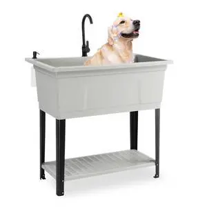 37-Gallon Freestanding Utility Sink with Faucet, 36" Heightened Basin for Laundry, Garage, Outdoor Garden, Pet Wash, Heavy Duty Plastic Laundry Tub with Storage Shelf, 40"L×24"W×36"H, Grey 37-Gallon Freestanding Utility Sink with Faucet, 36" Heightened Basin for Laundry, Garage, Outdoor Garden, Pet Wash, Heavy Duty Plastic Laundry Tub with Storage Shelf, 40"L×24"W×36"H, Grey