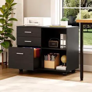 3 Drawer Wood Lateral File Cabinet with Adjustable Shelves & Locking Wheels, Printer Stand with Drawers for Letter Size Files, Sturdy Black File Cabinets for Home Office, Study & Business 3 Drawer Wood Lateral File Cabinet with Adjustable Shelves & Locking Wheels, Printer Stand with Drawers for Letter Size Files, Sturdy Black File Cabinets for Home Office, Study & Business