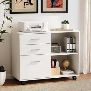 3 Drawer Wood Lateral File Cabinet with Adjustable Shelves & Locking Wheels, Printer Stand with Drawers for Letter Size Files, Sturdy White File Cabinets for Home Office, Study & Business 3 Drawer Wood Lateral File Cabinet with Adjustable Shelves & Locking Wheels, Printer Stand with Drawers for Letter Size Files, Sturdy White File Cabinets for Home Office, Study & Business