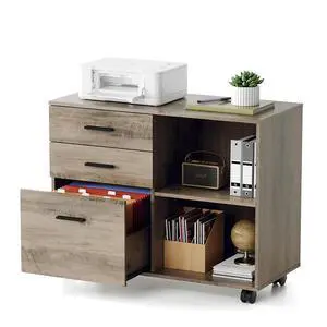 3 Drawer Wood Lateral File Cabinet with Adjustable Shelves & Locking Wheels, Printer Stand with Drawers for Letter Files, Sturdy File Cabinets for Home Office, Study & Business, Rustic Gray 3 Drawer Wood Lateral File Cabinet with Adjustable Shelves & Locking Wheels, Printer Stand with Drawers for Letter Files, Sturdy File Cabinets for Home Office, Study & Business, Rustic Gray