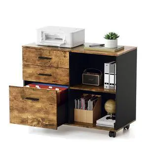 3 Drawer Wood Lateral File Cabinet with Adjustable Shelves & Locking Wheels, Printer Stand with Drawers for Letter, Sturdy Black File Cabinets for Home Office, Study & Business, Rustic Brown 3 Drawer Wood Lateral File Cabinet with Adjustable Shelves & Locking Wheels, Printer Stand with Drawers for Letter, Sturdy Black File Cabinets for Home Office, Study & Business, Rustic Brown