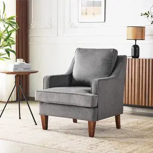 Mid-Century Modern Accent Chair, Light Grey Upholstered Armchair Comfy Sofa Chair Reading Chair High Back for Living Room Bedroom Furniture Apartment Mid-Century Modern Accent Chair, Light Grey Upholstered Armchair Comfy Sofa Chair Reading Chair High Back for Living Room Bedroom Furniture Apartment